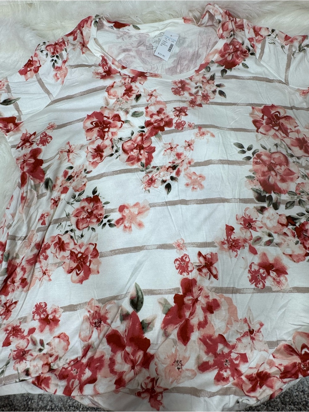 Maurices White Short Sleeve Scoop Neck Top with Pink Floral Print